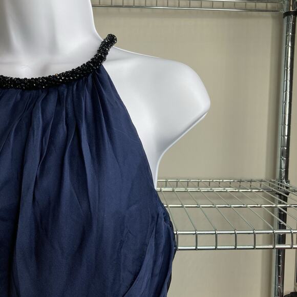 Carmen Marc Valvo Navy Blue Beaded Halter Silk Dress Size 4 Wedding Red Carpet - Picture 10 of 13